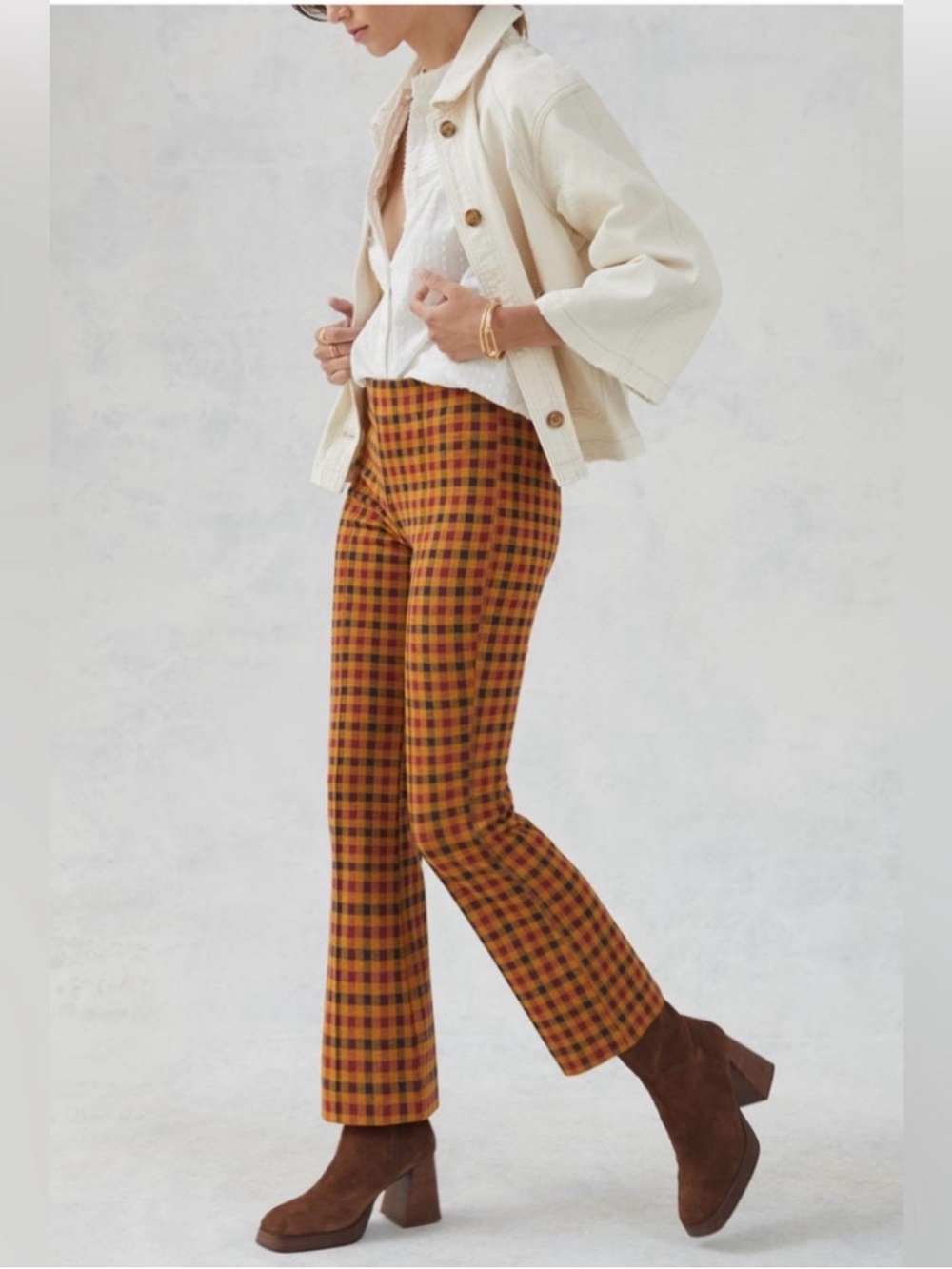 Anthropologie Maeve Knit Kick Flare Pants Orange Plaid Size Small